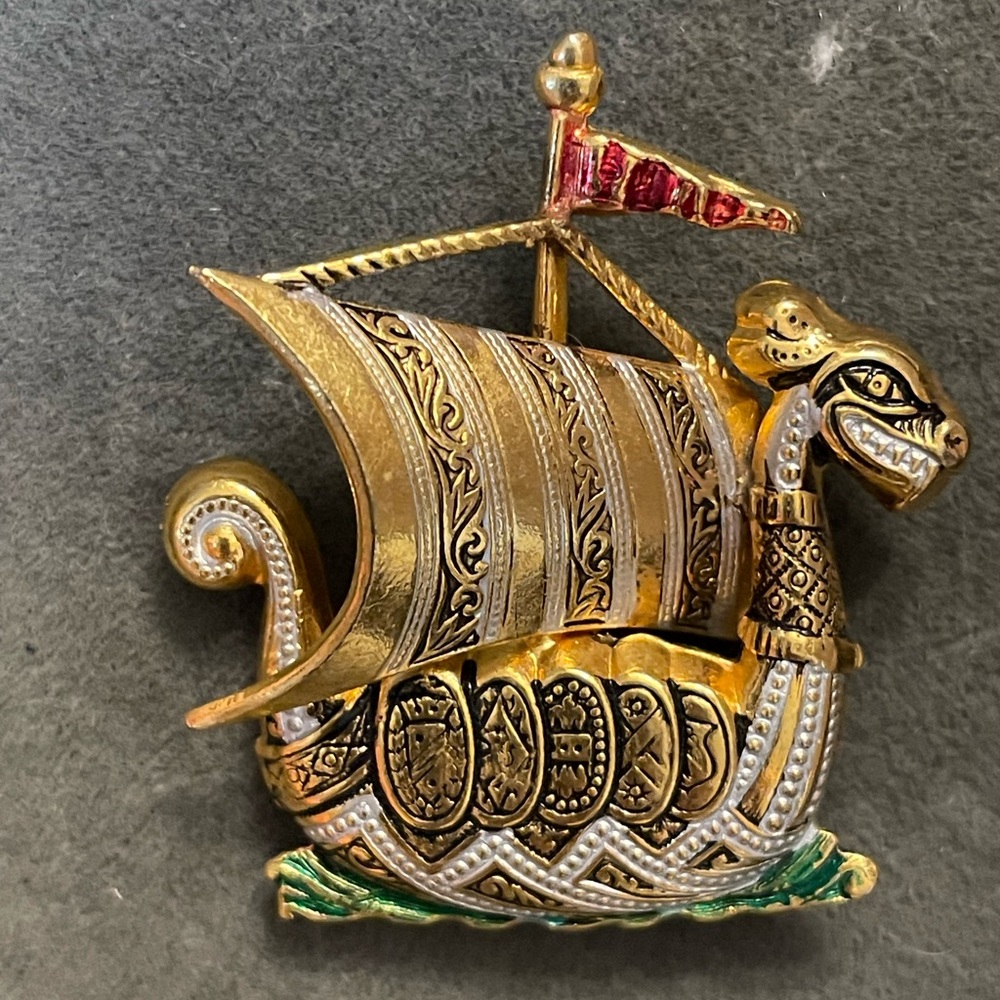 Vintage Dragon Ship Brooch Pin Damascene Style